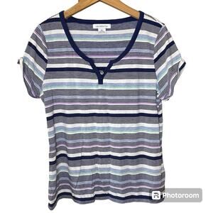 Liz Claiborne Multicolor Blue Striped Short Sleeve V Neck Split Crew Neck Top XL